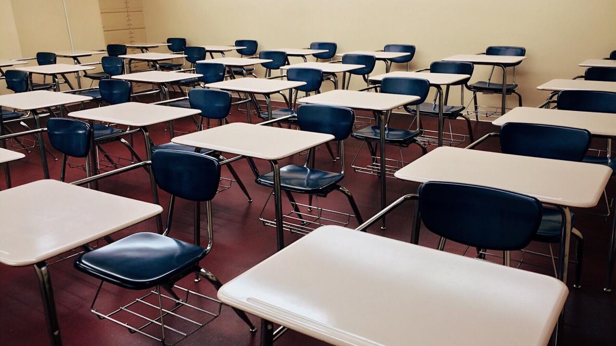 desks in an empty classroom